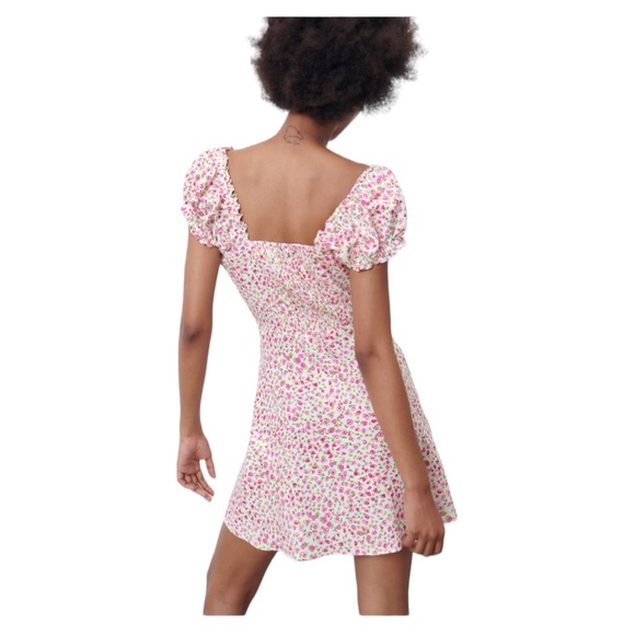 Zara Linen Blend White & Pink Floral Mini Dress Size Medium - Picture 3 of 9